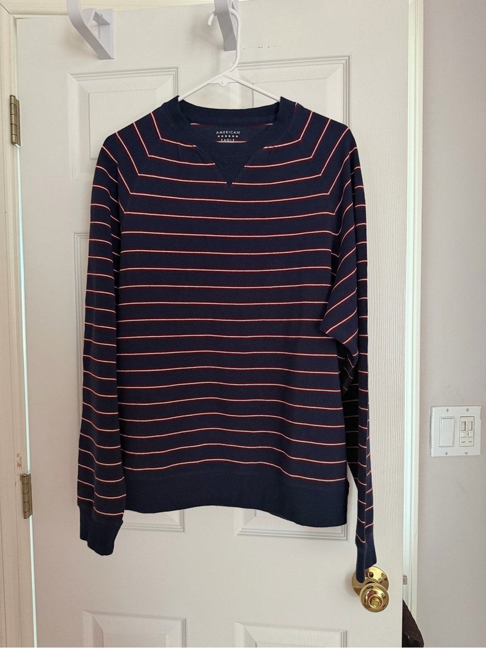 American Eagle Men's Striped Crewneck Long Sleeve Pique Shirt Navy Blue